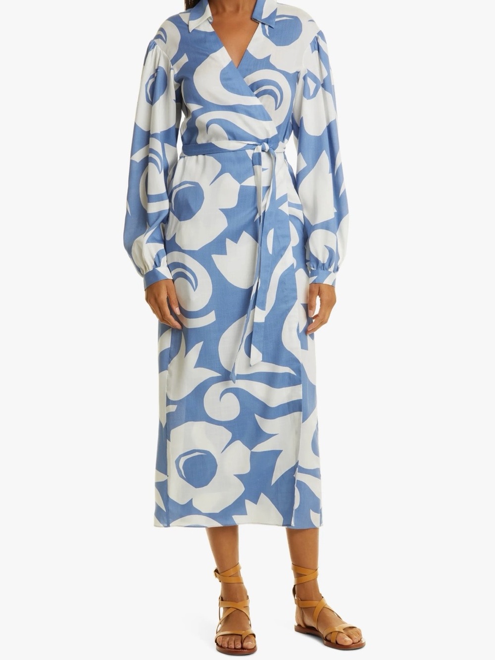 Rebecca Taylor Blue and White Abstract Floral Wrap Midi Dress